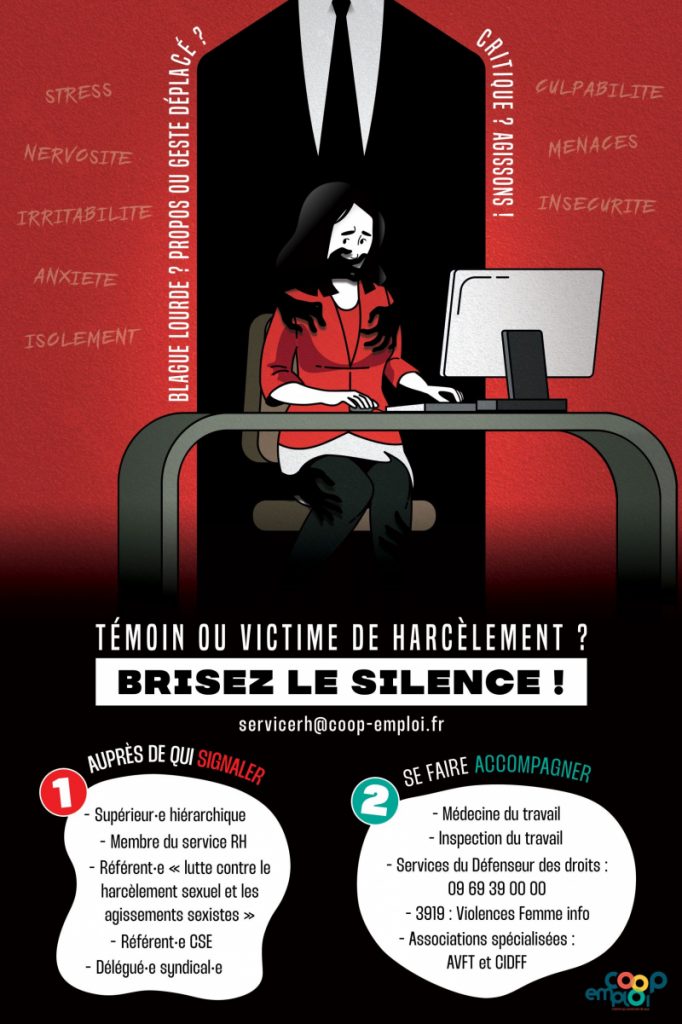Visuel de la campagne de sensibilisation contre le harcèlement au travail. Témoin ou victime de harcèlement ? Brisez le silence !