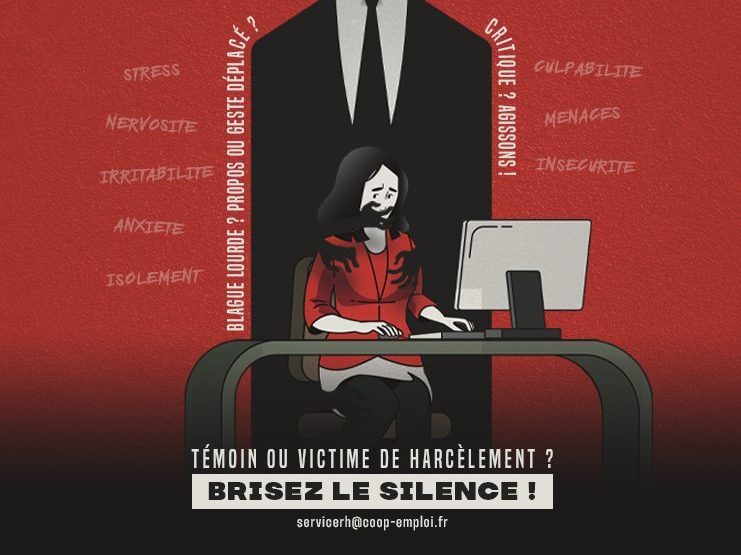 Visuel de la campagne de sensibilisation contre le harcèlement au format paysage. Témoin ou victime de harcèlement ? Brisez le silence !