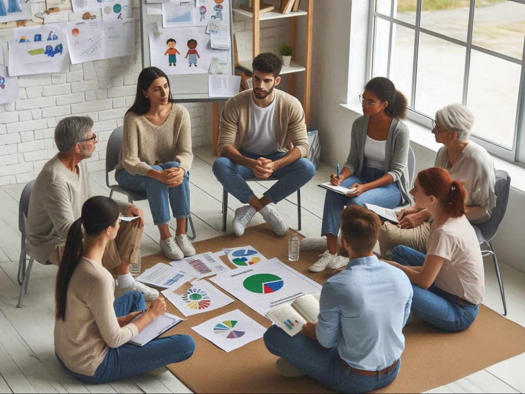 image illustrant la formation mieux appréhender l'autisme. Des intérimaires discutent en cercle autour de documents